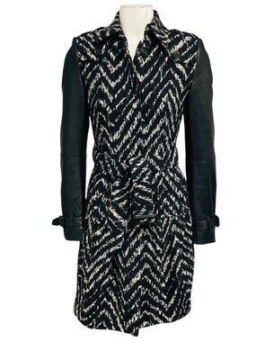 BURBERRY BLACK / WHITE BELTED CHEVRON PATTERN COAT WITH LEATHER SLEEVES